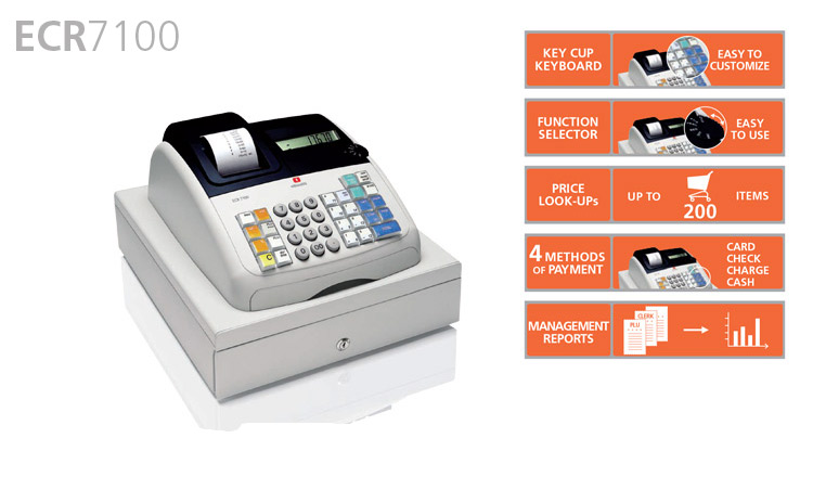 The Olivetti ECR 7100 is a non-fiscal Electronic Cash Register available from Durban Data Imports. This unit provides the option of working in ‘training mode’ which is invaluable for staff training with simulated sales transactions and issuing of customer receipts. The ECR 7100 offers customisable receipts with different VAT breakdown options, possibility of producing a copy of the last receipt issued or of activating a non-print, paper saving mode as well as management reports: daily and monthly financial PLU and clerk reports. It is best suited to smaller retailers and businesses.