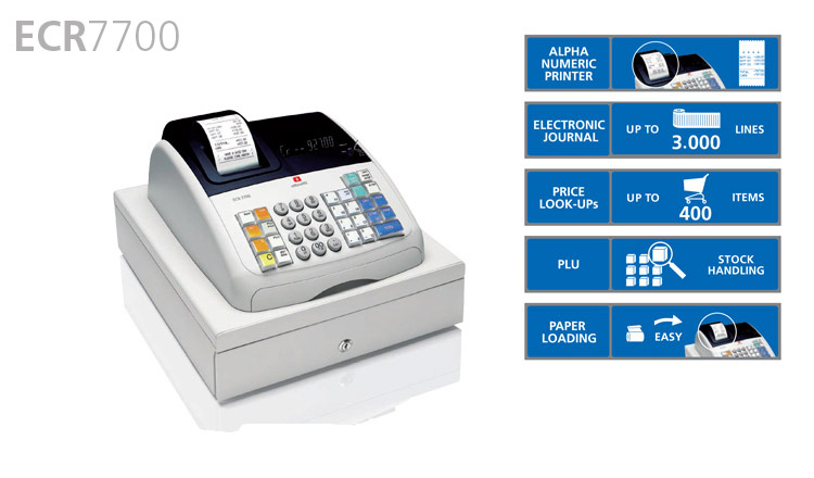 This compact, professional cash register from Olivetti is packed with convenient functions - 14 departments, up to 400 Price Look-Ups, 8 clerk codes and 4 payment methods, as well as PLU stock control and a 3,000 line electronic journal for full transaction information. Scalable fonts reduce paper consumption and the drop in loading system makes changing a roll easy and effortless.

Available from Durban Data Imports, the Olivetti ECR 7700 is the professional cash register - with a fast and silent thermal printing system at 5.2 lines per second, a lockable cash drawer with 8 slots for coins and 3 slots for banknotes.